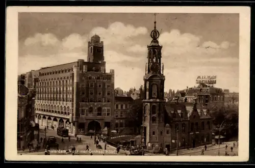 AK Amsterdam, Munt met Centraal Hotel, Strassenbahn