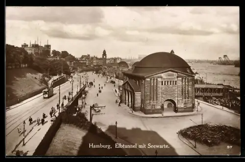 AK Hamburg, Elbtunnel mit Seewarte und Strassenbahn