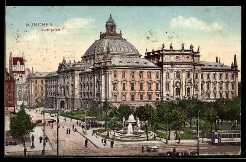 AK München, Justizpalast mit Strassenbahn
