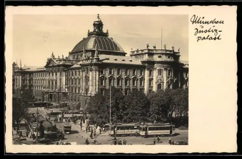 AK München, Justizpalast mit Strassenbahnen aus der Vogelschau