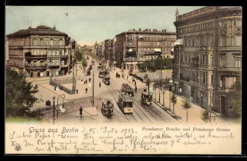 AK Berlin-Tiergarten, Potsdamer Brücke und Potsdamer Strasse mit Strassenbahn
