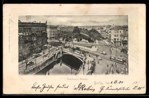 AK Berlin, Potsdamer Brücke mit Strassenbahnen aus der Vogelschau