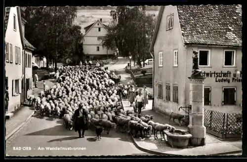 AK Bad Orb, Am Wendelinusbrunnen, Schafherde, Gasthaus Ludwig Fries.