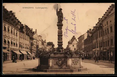 AK Straubing, Ludwigsplatz mit Denkmal