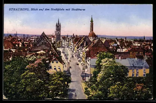 AK Straubing, Stadtplatz mit Stadtturm und Kirche