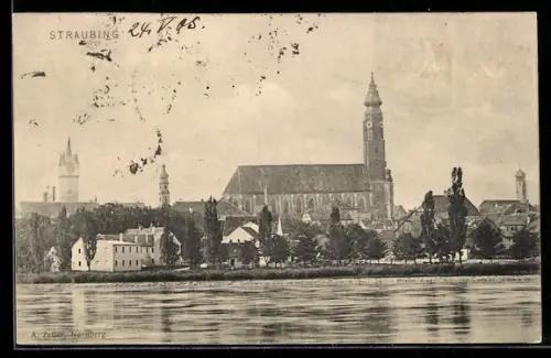 AK Straubing, Uferpartie mit Kirche