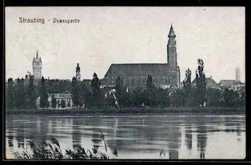 AK Straubing, Donaupartie mit Kirche