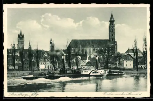 AK Straubing, Partie an der Donau mit Dampfer