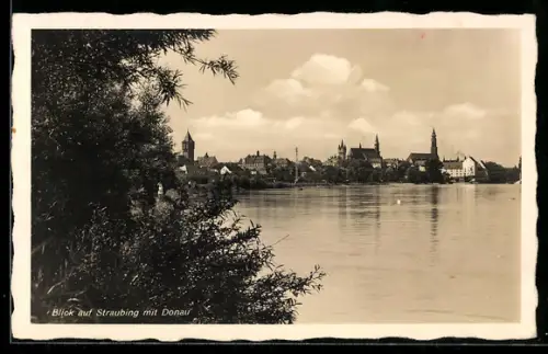 AK Straubing, Blick von der Donau auf die Altstadt