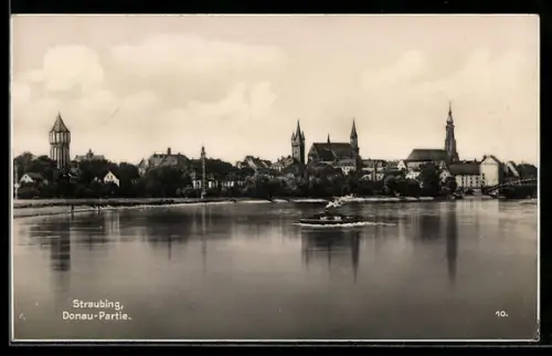 AK Straubing, Ortsblick mit Donau-Partie