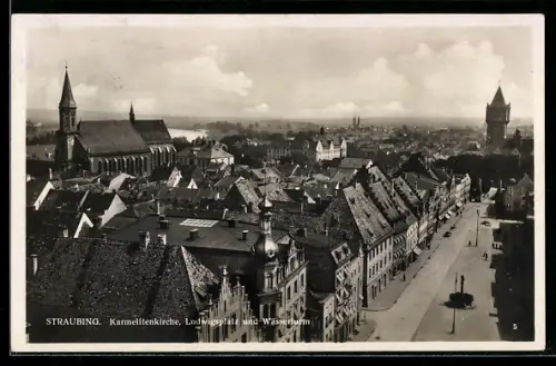 AK Straubing, Karmelitenkirche, Ludwigsplatz und Wasserturm