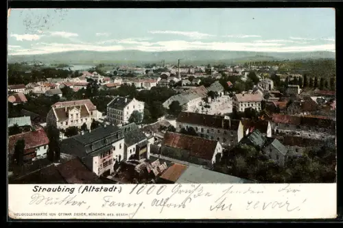 AK Straubing, Altstadt, Teilansicht mit Häuser und Blick auf Fluss und Landschaft