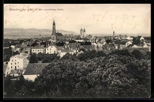 AK Straubing, Stadtabnsicht mit Blick auf den bayrischen Wald