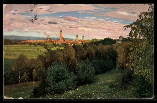 Künstler-AK Hans Prentzel: Straubing vom Stadtpark, Blick zum Ort hinüber in der Abendsonne