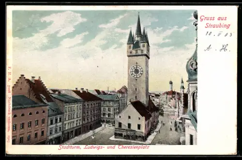 AK Straubing, Stadtturm, Ludwigs- und Theresienplatz