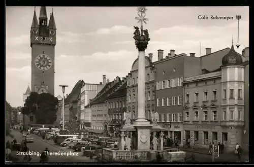 AK Straubing, Theresienplatz mit Cafe Rohrmayer und Stadtturm