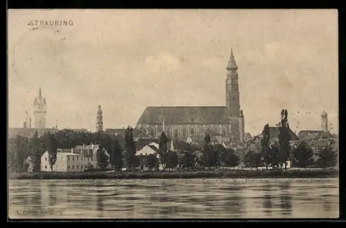 AK Straubing, Uferpartie mit Kirche