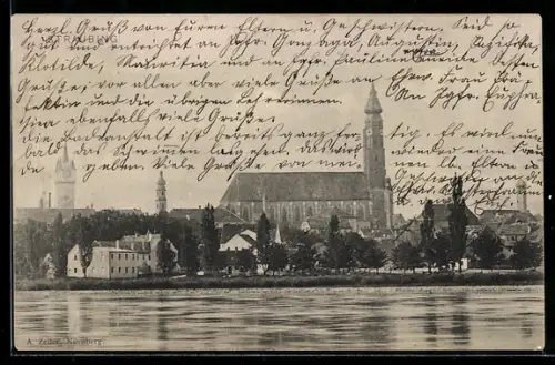 AK Straubing, Uferpartie mit Kirche