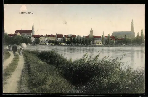 AK Straubing, Uferpartie mit Kirche
