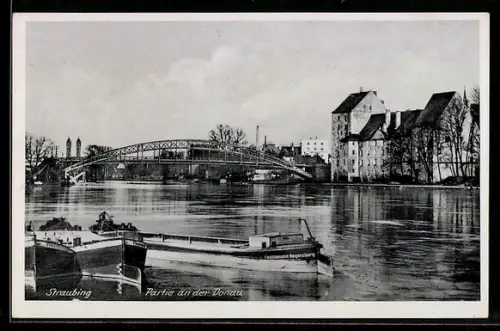 AK Straubing, Donaupartie mit Brücke im Hintergrund