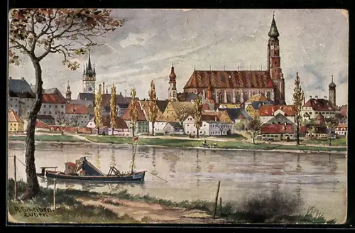 AK Straubing, Donauansicht, Ortspanorama, Kirche St. Jakob