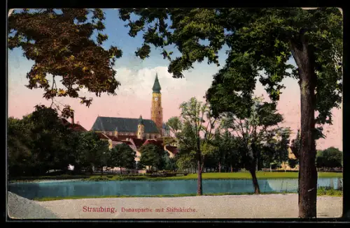 AK Straubing, Donau-Ansicht mit Stiftskirche