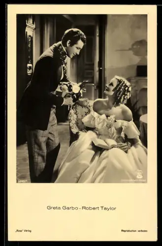 AK Schauspieler Greta Garbo und Robert Taylor in einer Filmszene