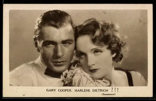 AK Schauspieler Gary Cooper und Marlene Dietrich lehnen sich aneinander