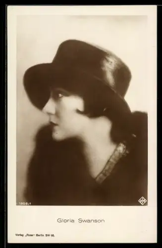 AK Schauspielerin Gloria Swanson, seitliches Portrait mit Hut