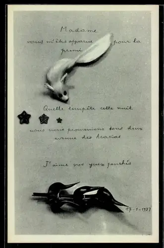 Künstler-AK sign. André Breton: Poem-Object, Gedicht mit Tierfigur und Blüten, Première Série No. 2, Surrealismus