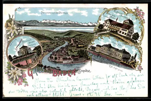 Lithographie Baden, Grand Hotel, Pensionat Belvédére, Panorama