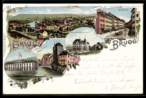Lithographie Brugg, Hauptstrasse, Kaserne, Landwirtschaftl. Winterschule, Ortsansicht