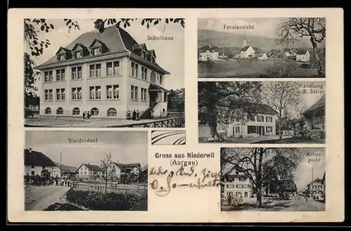 AK Niederwil /Aargau, Handlung von R. Seiler, Vorderdorf, Schulhaus, Kreuzplatz