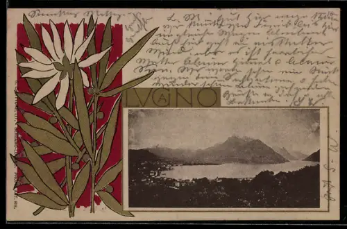 AK Lugano, Ortspanorama im Blumen-Passepartout