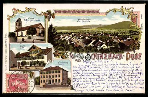 Lithographie Schinznach-Dorf, Gasthaus Bären, Schulhaus, Kirche und Generalansicht