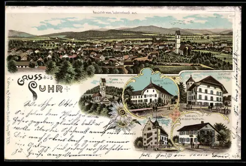 Lithographie Suhr, Gasthof zum Bären, Gasthof zum Kreuz, Handlung von R. Widmer-Ruetschi, Kirche und Pfarrhaus