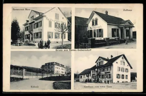 AK Gebenstorf, Reuss-Gebensdorf, Restaurant Merz, Gasthaus zum roten Haus, Zollhaus und Kolonie