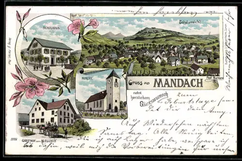 Lithographie Mandach, Gasthof zum Hirschen, Kirche, Schulhaus
