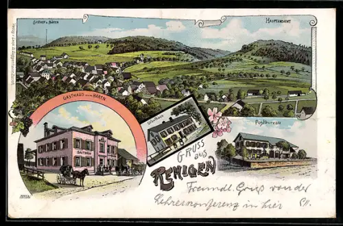 Lithographie Remigen, Gasthaus zum Bären, Postbureau, Schulhaus