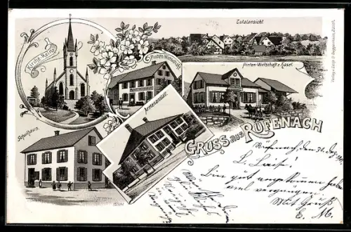 Lithographie Rüfenach, Gasthof Pinten-Wirtschaft z. Hasel, Armenanstalt, Kirche-Rein, Schulhaus