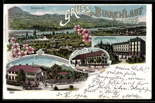 Lithographie Schinznach-Bad, Birrenlauf, Gasthaus z. Rössli, Restaurant Zubler, Bad Schinznach
