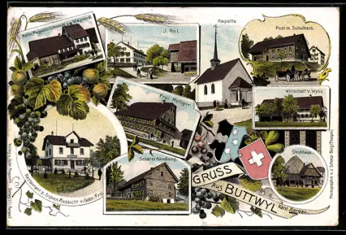 Lithographie Buttwil /Aargau, Post mit Schulhaus, Restaurant z. Frohen Aussicht v. Gebr. Frei, Schärer Handlung, J. Rei