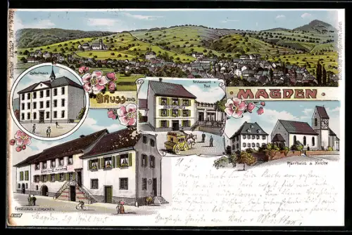 Lithographie Magden, Restaurant Post, Gasthaus z. Hirschen, Schulhaus