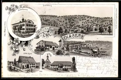 Lithographie Olsberg, Gasthof z. Rössli, Pestalozzi Stiftung, Post, Schulhaus