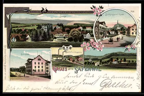 Lithographie Safenwil, Bahnhof mit Umgebung, Schulhaus, Dorfgruppe mit Kirche