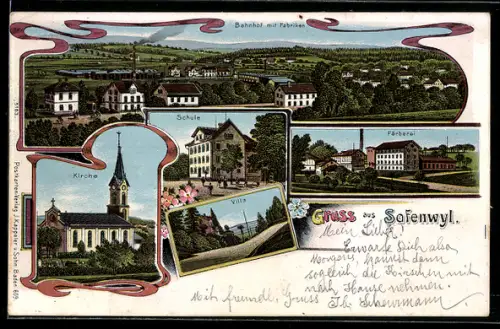 Lithographie Safenwyl, Bahnhof mit Fabriken, Färberei, Villa, Kirche