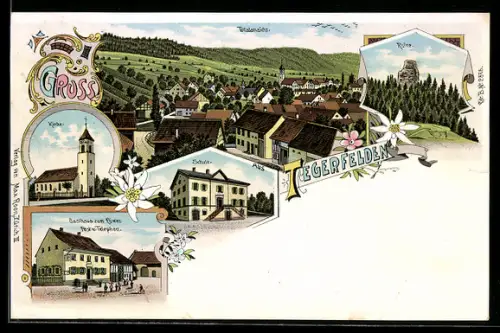 Lithographie Tegerfelden, Gasthaus zum Löwen, Kirche, Ruine, Schule