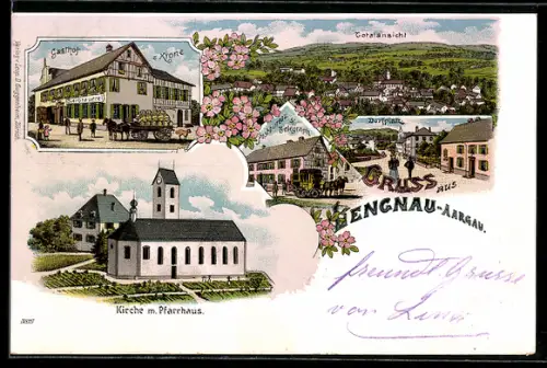Lithographie Lengnau /Aargau, Gasthof z. Krone, Kirche m. Pfarrhaus, Postbureau