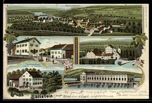 Lithographie Böttstein /Aargau, Schloss und Kirche, Elektrizitätswerk Beznau, Schulhaus, Post