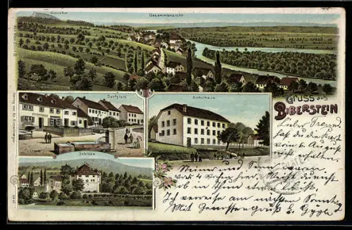 Lithographie Biberstein, Dorfplatz, Schloss, Schulhaus